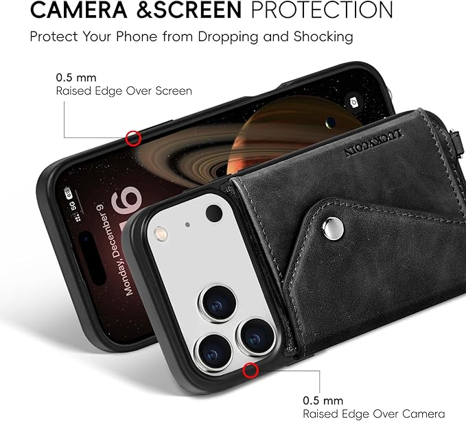 LUCKYCOIN Crossbody Phone Case for iPhone 17 Pro,100% Genuine Leather Phone Wallet Case for Women, Premium Hands-Free Phone Purse with Expandable Flip Card Holder & Adjustable Strap - Retro Black