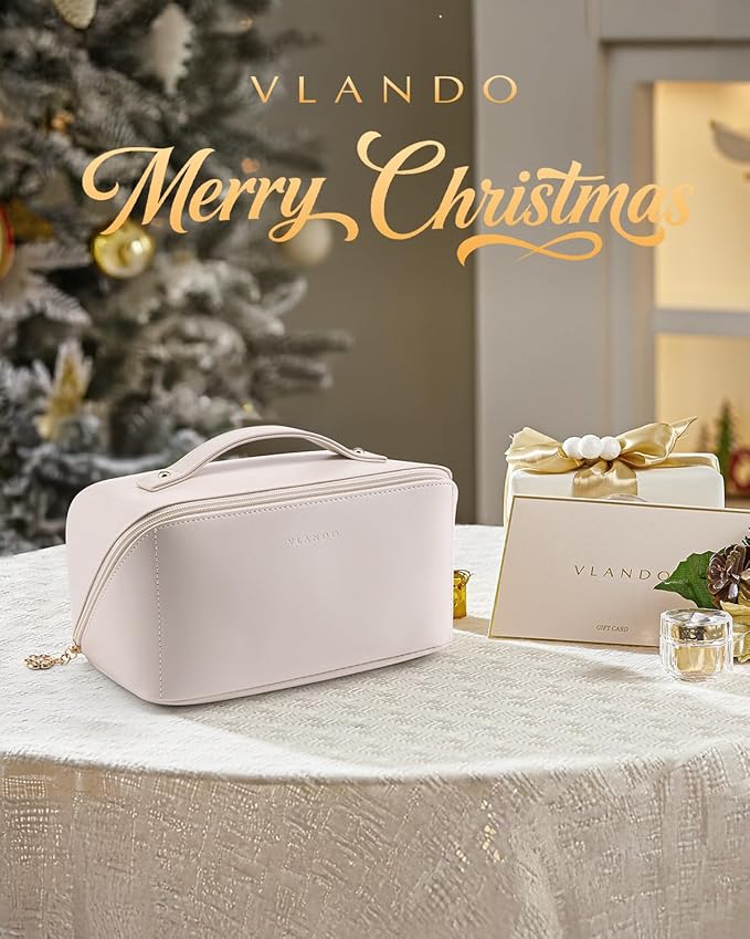 VLANDO Makeup Bag,Women Travel Toiletry Case,Carry Handle,Off White