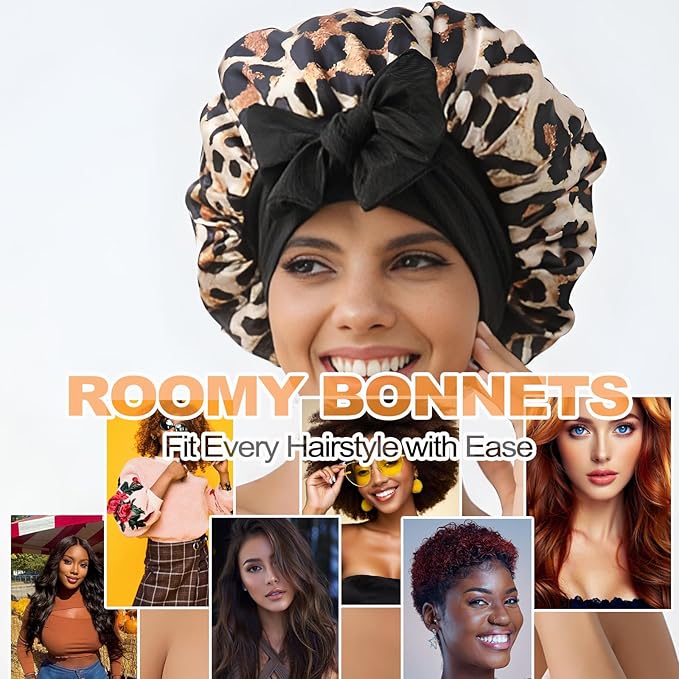 GDTOGRT Satin Silk Bonnet for Sleeping Women, Double Layer Sleep Hair Bonnets Caps for Curly Natural Hair with Tie Band Leopard-Black