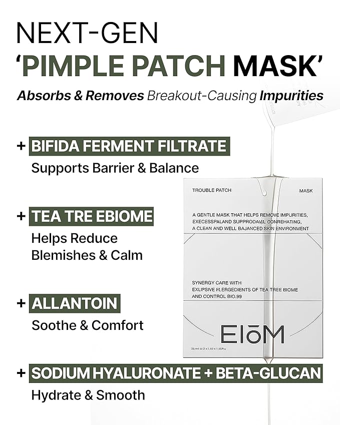 EIOM Trouble Patch Mask – Full Face Sheet Mask for Acne-Prone Skin | Sebum-Absorbing Oil Control, Pore Purifying, Tea Tree Biome, Korean Skincare Acne Face Mask, Hydrocolloid-Infused Sheet (20ml x 4)