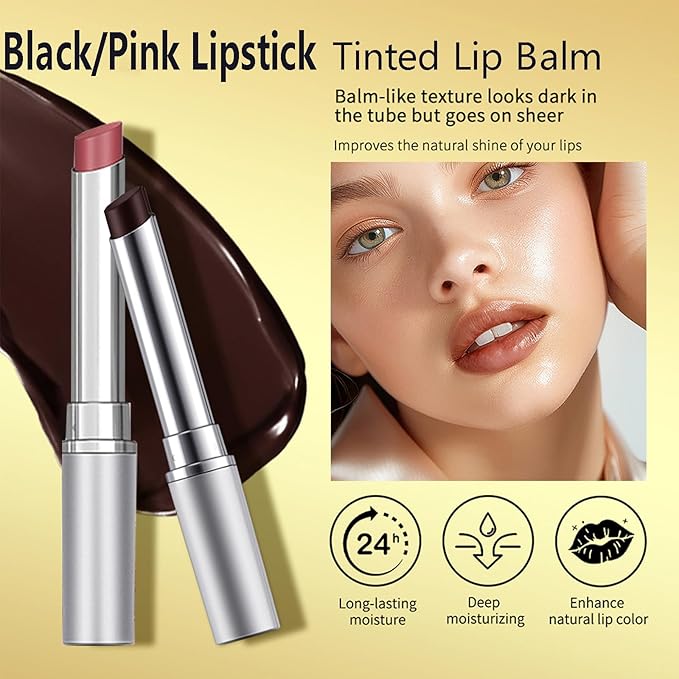LuckNest 2PCS Honey Lipstick Tinted Lip Balm, Sheer Hydrating Lip Gloss Lip Tint, Nourishing Lip Balm with Natural Black Cherry, Moisturizing Lip Care Balm for All Skin Tones (Black & Pink)