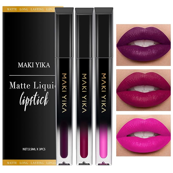 MAKI YIKA 3Pcs Matte Liquid Lipstick Set Purple Plum Pink Lipstick Long Lasting