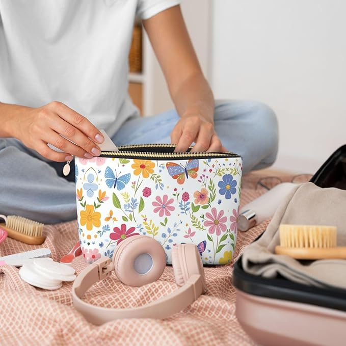 Dultua Mothers Day Gifts Makeup Bag Purse Cosmetic Bag Travel Toiletry Leather Make Up Bags for Mom Wife Women Daughter Floral Butterflies