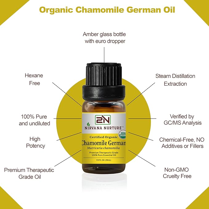 Nirvana Nurture Chamomile German Essential Oil USDA Certified Organic, 100% Pure Natural Premium Grade, Undiluted- Aromatherapy Diffuser for Calm and Relaxation, Skin Care, Hair Care