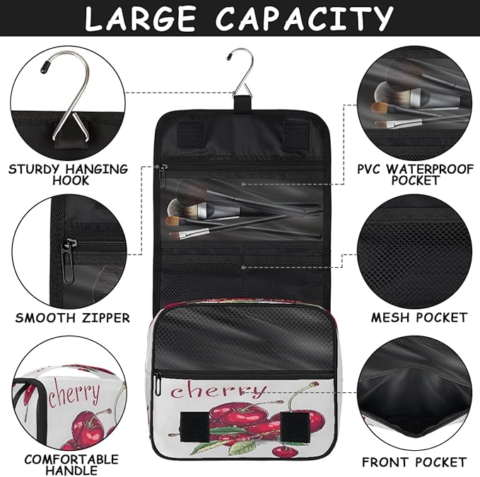 YoYoYuchong Travel Toiletry Bag for Women & Men Modern Fruit Cherry Hanging Cosmetic Organizer Portable Waterproof Makeup Case Make Up Bag with Compartments Travel Essentials for Bathroom Shower