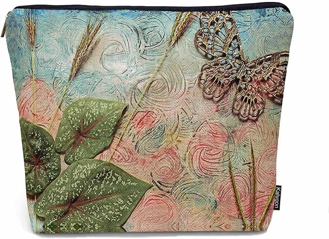 Kalygon Women Cosmetic Bag Butterfly, Pond Green Leaves Floral Butterflies Cute Makeup Bag For Purse Cosmetic Travel Bag For Toiletries Makeup Storage Bag Flax Skincare Bag Make Up Pouch Bags