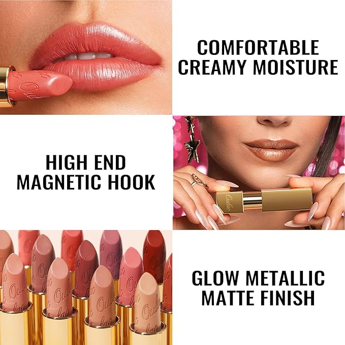 Oulac Metallic Coral Lipstick Set 3PCS High Impact Lipcolor with Moisturizing Formula, Vegan Beauty, Full-Coverage Lip Color, Gift Lipstick for Women, 4.3g X 3PCS, GM09+GM11+GM12