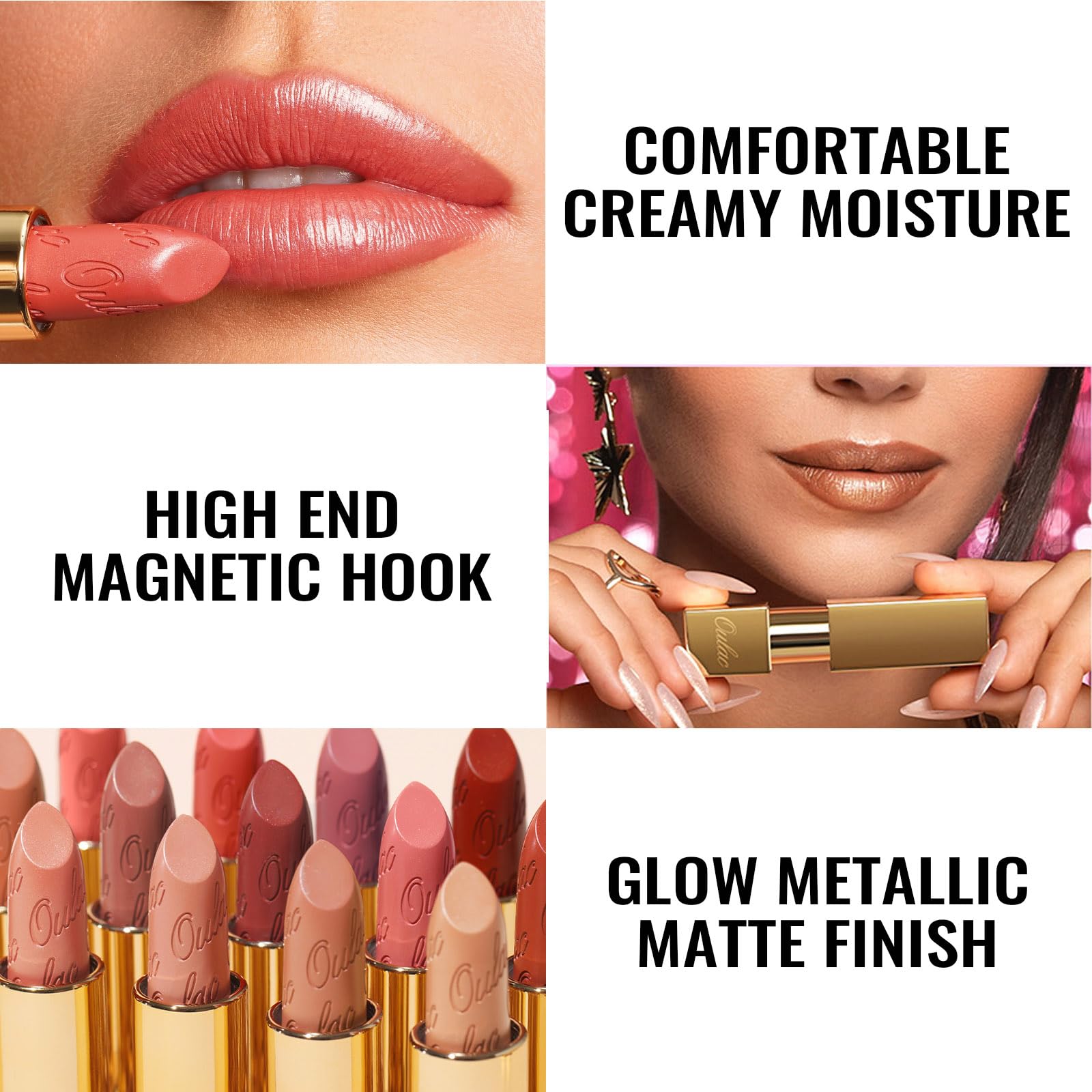 Oulac Nude Matte Lipstick with Glow Metallic Finish - Vegan Lipstick for Women, Creamy Texture, Hydrating Clean Beauty Formula, High-End Magnetic Hook Design, GM10 Chicness