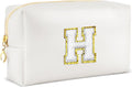 URSKYTOUS Gifts for Girls Initial Makeup Bag Personalized Cosmetic Bag with Zipper Cute Travel Toiletry Bags Waterproof PU Preppy Makeup Pouch Birthday Gift for Teen Girls Women(White H)
