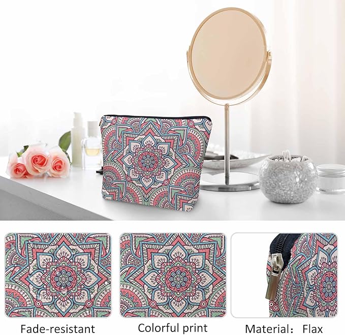 Kalygon Woman Makeup Bag Mandala, Ethnic Tribal Mandala Floral Boho Makeup Bags Travel Cosmetic Bags Toiletry Makeup Organizer Pencil Pouch Make Up Cosmetic Bag For Owners Lady Birthday Gifts