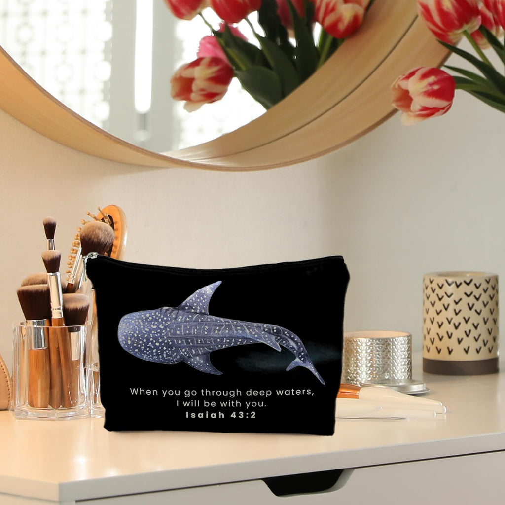 RYYCDOI Whale Shark Christian Makeup Bag Pouch, Christian Shark Gifts for Women, Bible Verse Gifts Isaiah 43:2, When you go through deep waters I will be with you(black)