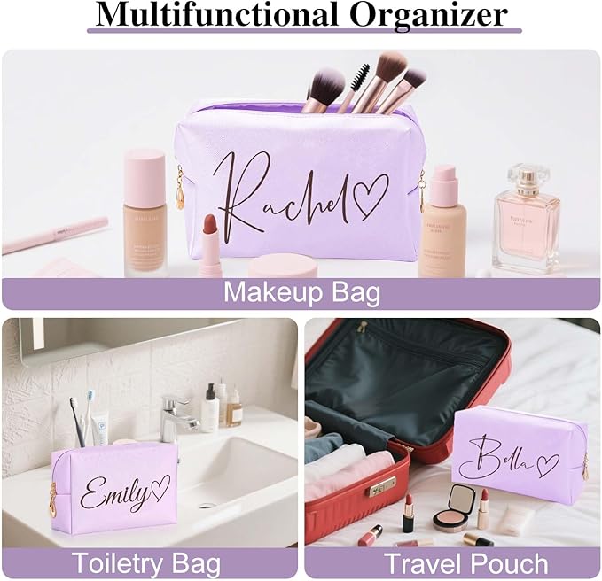 Fincekoom Personalized Makeup Bag with Name & Birth Flower, Custom Leather Cosmetic Bags for Women, Customized Travel Toiletry Bag Gifts for Bridesmaid Wedding