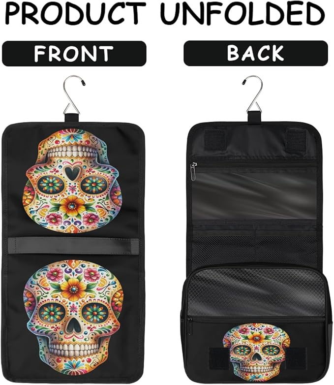 YoYoYuchong Travel Toiletry Bag for Women & Men Skull Cool Flower Hanging Cosmetic Organizer Portable Waterproof Makeup Case Make Up Bag with Compartments Travel Essentials for Bathroom Shower