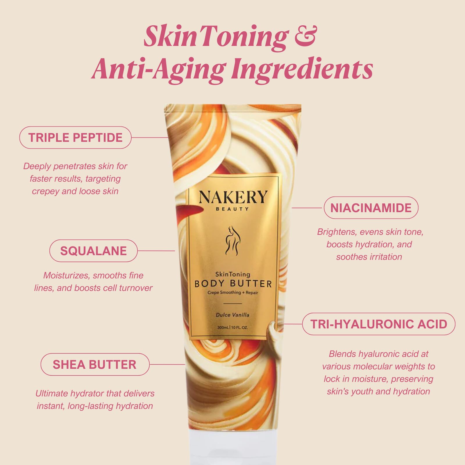 Nakery Skin Toning Body Butter for Women - Firming Body Lotion for Women - Peptide Infused Body Lotion for Crepey & Sagging Skin - Firming Lotion for Neck, Arms & Legs - Dulce Vanilla