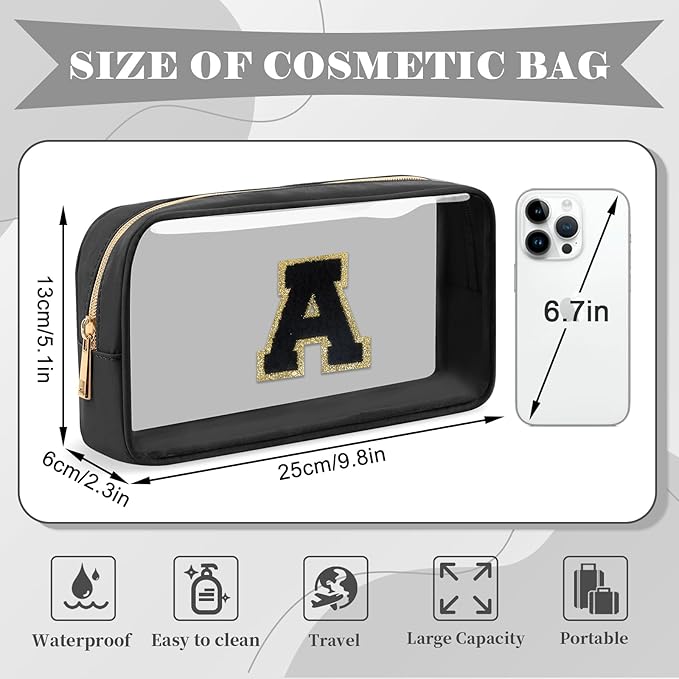 UIXIZQ Personalized Initial Letter Clear Makeup Bag,Preppy Small Nylon&PVC Cosmetic Zipper Bag with Chenille Letter,Travel Skincare Toiletry Bag,Monogram Christmas Gift for Teen Girls Women,A