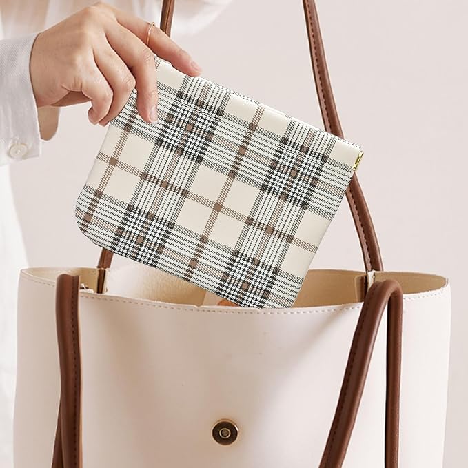 HIGH FIT Leather Pocket Cosmetic Bag for Purse,Coin Purse Lipstick Cosmetic Accessories Organizer, Travel Kit Storage Pouch,Waterproof Portable No Zipper Self-closing (Tartan)