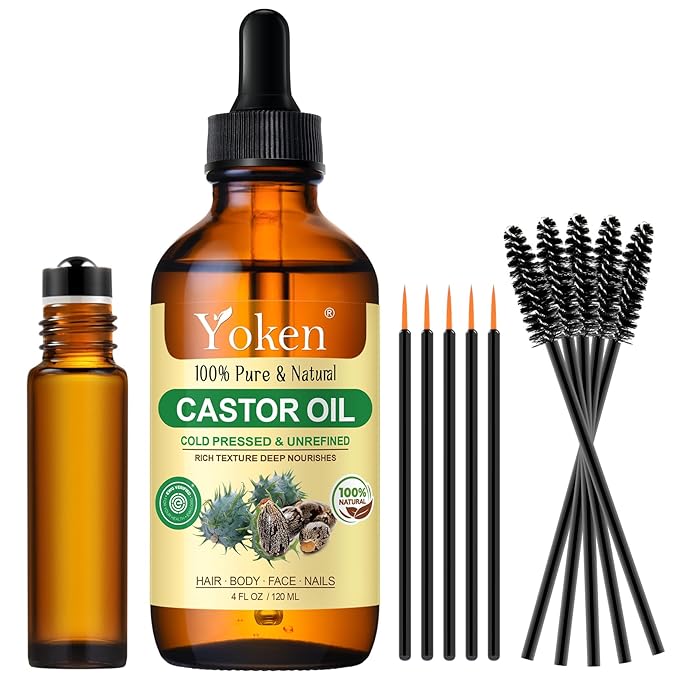 Yoken USDA EWG Castor Oil 4oz, Cold Pressed Hexane Free with Roller Bottle