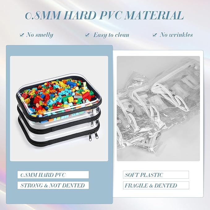 Hoolerry 3 Pcs Clear Hard Zipper Case Plastic Pouch Transparent Hard Case Clear Makeup Bag Portable Travel Organizer Bin for Cosmetics, Building Blocks, Puzzles(Black,M)