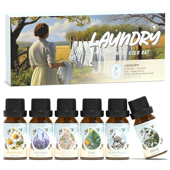 Soulorigin Laundry Fragrance Oils Set, Essential Oil for Diffuser, Aromatherapy Gift, Clean Scent Diffuser Oil, Use with Wool Dryer Balls,Chamomile, Fresh Cotton, Sage, Cedar, Lavender, Cherry Soap