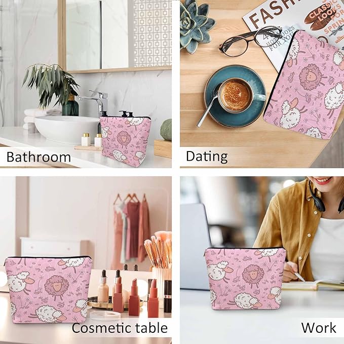 Kalygon Makeup Bag For Purse Sheep, Farm Animal Weed Flower Sheep Cosmetic Bags For Women With Zipper Travel Toiletry Pouch Makeup Bags Makeup Organizers Purse For Toiletries Cosmetics
