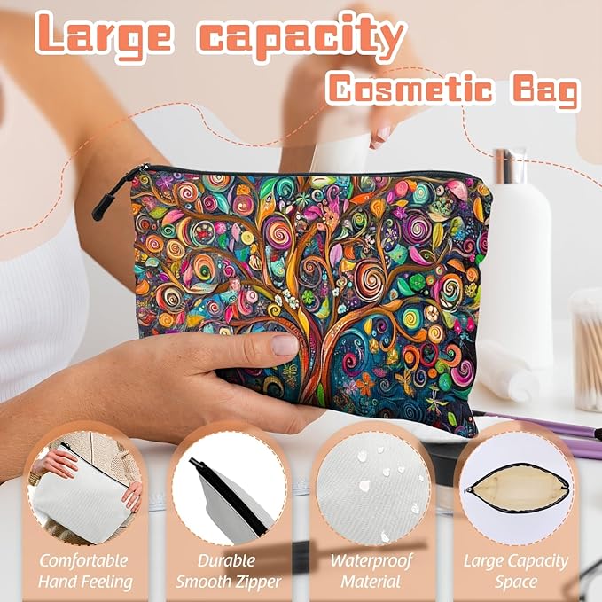 Scribesense Cosmetic Bags Travel Makeup Toilet Case Waterproof Pouch for Women Girls 6.7X9.45inches - Colorful Abstract Tree With Swirling Patterns