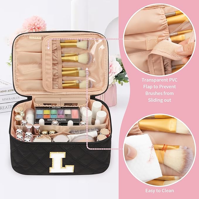 OCHEAL Makeup Bag for Women, Monogram Cosmetic Bag Black Travel Makeup Case Beauty Toiletry Bag Organizer Personalized Gifts for Girls Bridesmaid, Sister, Wife, Friends Initial L