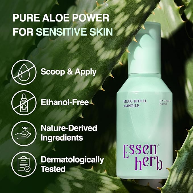 Essenherb Muco Ritual Ampoule – 95% Pure Aloe Vera Gel | Cooling, Soothing & Deep Hydration Serum for Sensitive Skin | Calm Visible Redness | Korean Skincare (4.06 fl oz / 120ml)