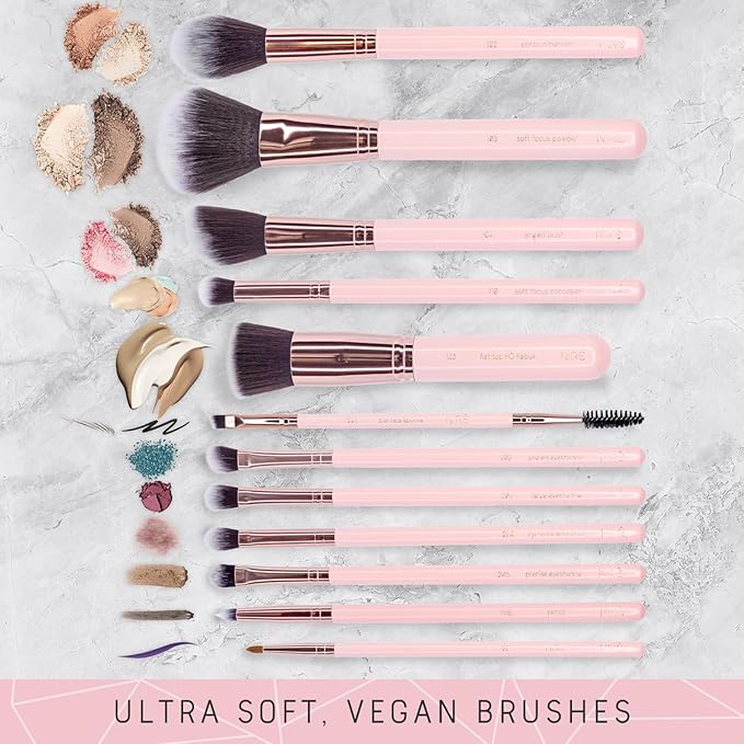 Niré Beauty Cute Makeup Brush Set for Teen Girls, 15 Piece, Pink