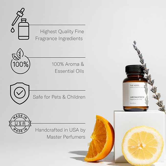 AromaTech The Hotel Aroma Essential Oil Blend: Luxury Hotel Inspired Aromatherapy with Lemon, Lavender, Peach & Pine for Ultrasonic Diffusers & Nebulizers - 0.3 fl oz, 10 mL