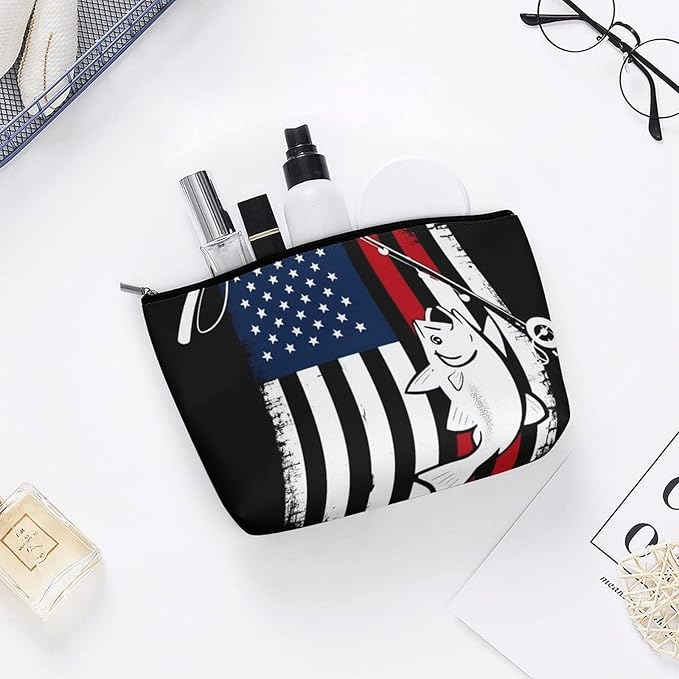 Meaudiwes Fashion Zipper Cosmetic Case, Portable Makeup Case, Personality Toiletry Bag, Travel Cosmetic Toiletry Bag Bass Fish Fishing Lure American Flag