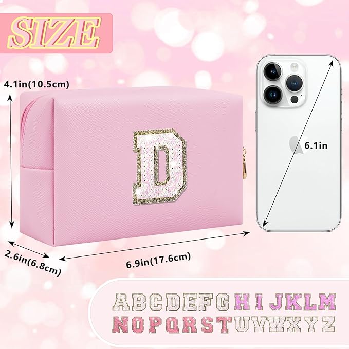 Personalized Initial Letter Makeup Bag, Preppy Glitter Letter Patch Cosmetic Pouch Zipper,PU Waterproof Travel Toiletry Bag Cute Makeup Organizer Monogrammed Make Up Bag,Gift for Women Girls