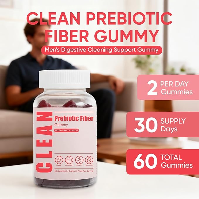 6525080 Clean Prebiotic Fiber Gummy, Clean Fiber Gummies for Men, Men Prebiotic Supplement for Digestive Gut Health, Non-GMO, 60 Gummies / 4g Fibers Per Serving