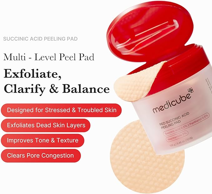 medicube Toner Pads Red Succinic Acid Panthenol Facial Peeling Pad | Exfoliating Toner Pad for Breakout-Prone Skin | Niacinamide, AHA, BHA, and Soothing Panthenol - Non-Comedogenic, 70 Pads (1 Pack)