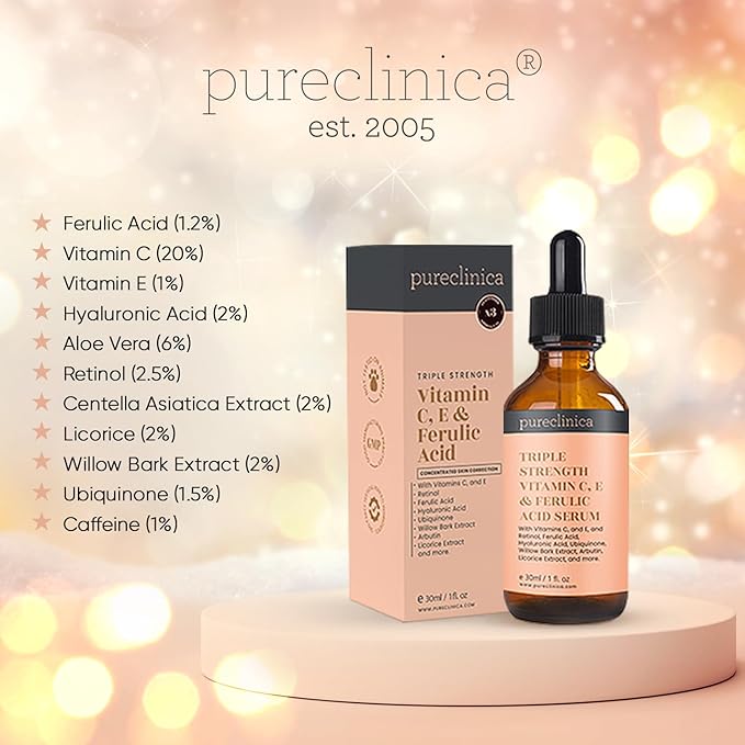 Triple Strength Vitamin C, E & Ferulic Acid Serum (w/Retinol & double weight Hyaluronic Acid) – 30ml / 1 fl oz (2 bottles)