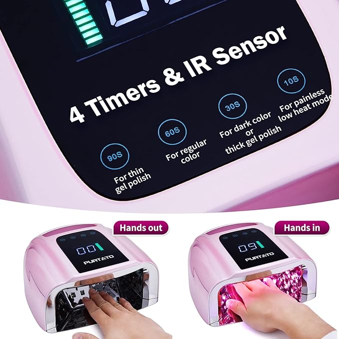 PURTATO Professional Rechargeable 96W UV LED Portable Cordless UV Light for Nail Lamp Machine with Removable Stainless Steel Bottom,4 Timer Setting and Smart Sensor Nail Dryer (Plating Pink)