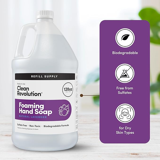 Clean Revolution Foaming Hand Soap Refill with Real Essential Oils, Moisturizing Sulfate-Free Hand Soap, Ready-to-Use Foam Soap Refill for Kitchen & Bathroom, Natural Lavender (128oz, 4 Pack)