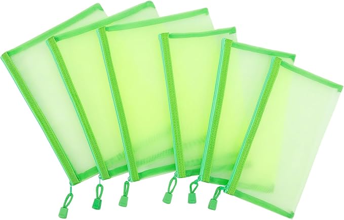 Sinzip 12 Pieces Zipper Nylon Mesh Pouch, Mesh Cosmetic Bags Makeup Bags Pencil Case, Multipurpose Travel Bags for Cosmetic School Office Supplies and Travel Accessories (Green, A5+B6)