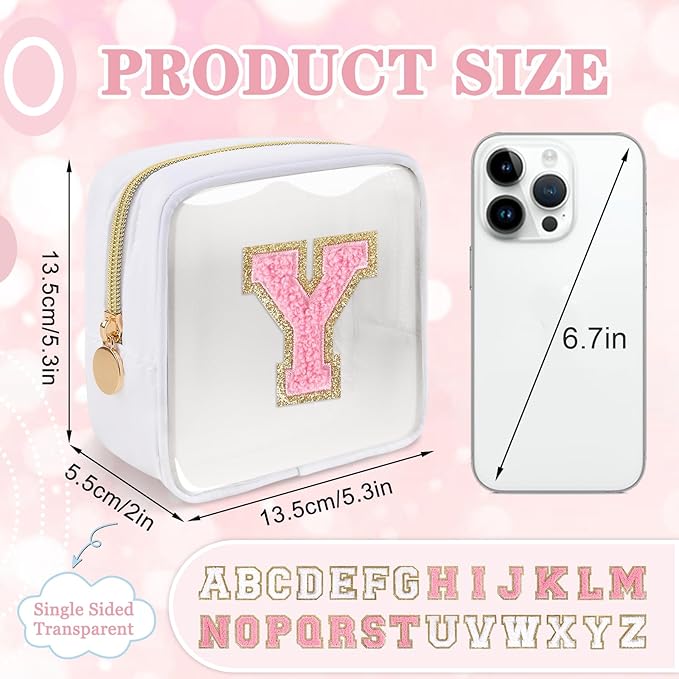Iqimott Mini Clear Personalized Initial Makeup Bag, Small Preppy A-Z Chenille Letter Patch Cosmetic Pouch, Transparent PVC & Nylon Waterproof Zip Beach Toiletry Bag,Gift for Women Girls(White-Pink Y)