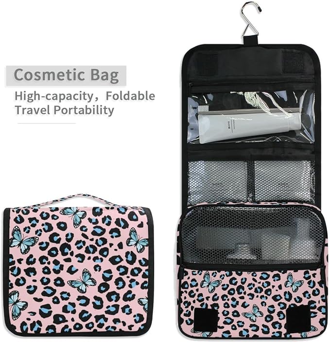 senya Hanging Travel Toiletry Bag Blue Butterfly Leopard Print Kit Makeup Case Cosmetics Organizer for Men Women 1.0 Fl Oz