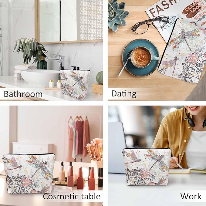 Kalygon Makeup Bag For Purse Dragonfly, Garden Dragonflies Flowers Nature Cosmetic Bags For Women With Zipper Travel Toiletry Pouch Makeup Bags Makeup Organizers Purse For Toiletries Cosmetics