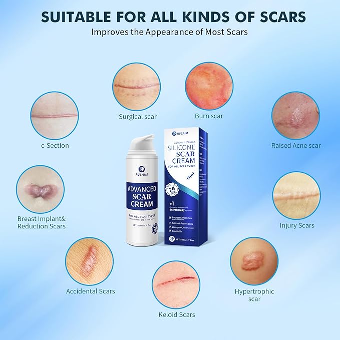 Rvlaim Silicone Scar Cream, Advanced Scar Removal Gel for Old & New Scars, Improves Color & Texture for Post-Surgery, C-Section & Acne Scars, Fast-Drying Non-Greasy Formula, 1.7 fl oz