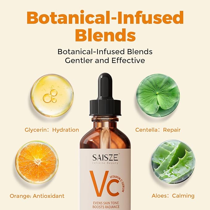SAISZE Vitamin C Serum for Face, Facial Serum for Dark Spot, Skin Care Gifts for Women, Birthday Gift for Her, Anti Aging with Vitamin C, Hyaluronic Acid, 60ml