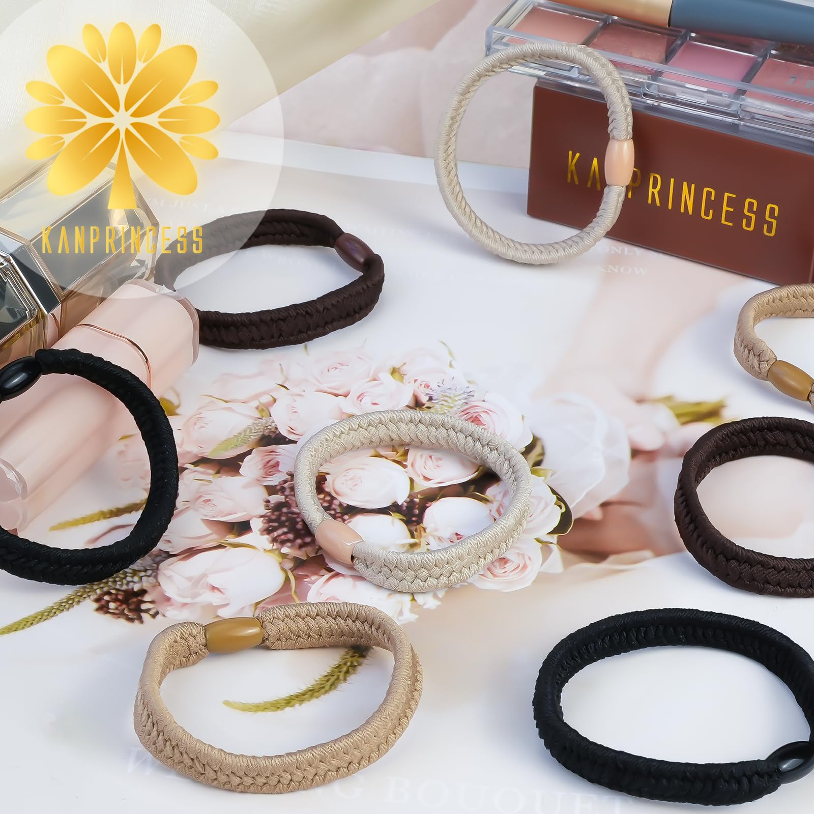 KANPRINCESS 16Pcs Hair Ties For Thick Hair, Strong Stretchy Hair Bands For Women Girls, No Slip Braided Hair Ties No Damage, Ponytail Holders-Exceptionally Secure with Gentle Hold (Set 8)