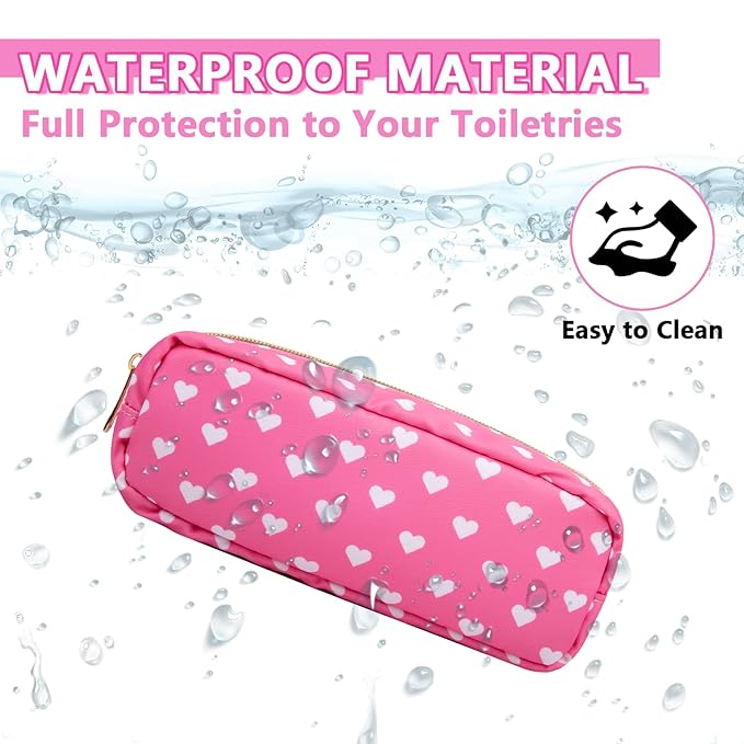 Small Pencil Case Makeup Bag for Purse, Cute Pencil Pouch Preppy Nylon Makeup Brush Bag with Zipper, Girls Portable Stationery Storage Case Small Pen Bag for Office School College(Slim-Pink Heart)