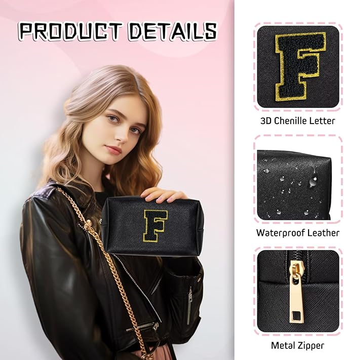 TOPEAST Personalized Birthday Gifts for Women, Preppy Patch Makeup Bag, Chenille Letter Pouch Cosmetic Bag, Travel Organizer, Birthday Gifts for Friends, Cute Stuff (Black L)