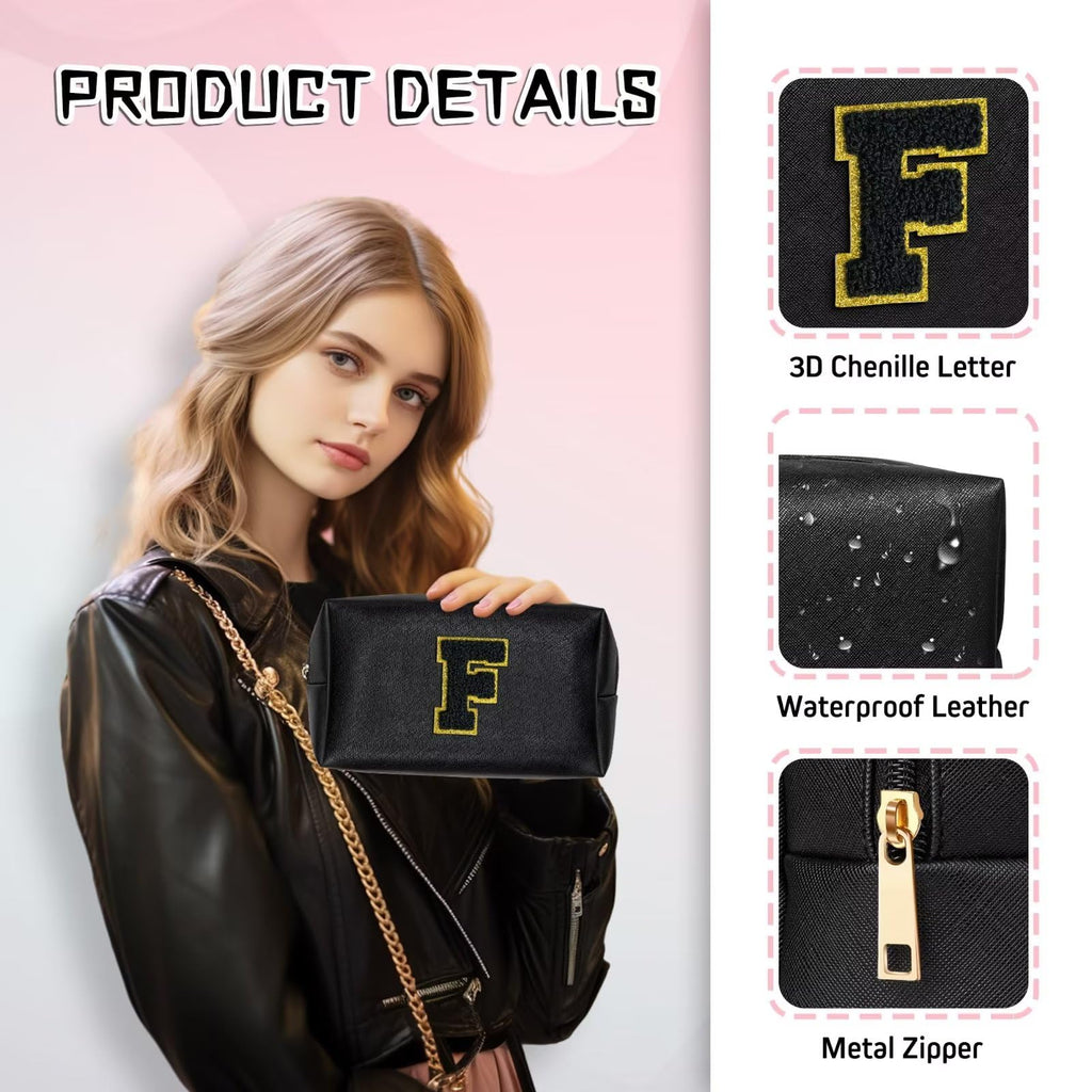 TOPEAST Preppy Patch Makeup Bag, Chenille Letter Pouch Cosmetic Bag, PU Leather Waterproof Toiletry Bag, Personalized Birthday Gift for Women Girl, Cute Stuff for Girls (Black B)