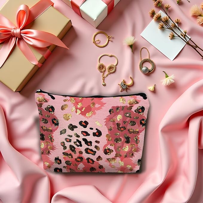 SAFDSGFDB Gold and Pink Leopard Print Makeup Bag, Preppy Girly Cosmetic Bags Gifts for Women, Funky Y2k Cheetah Print Portable Travel Toiletry Bag Zipper Makeup Pouch