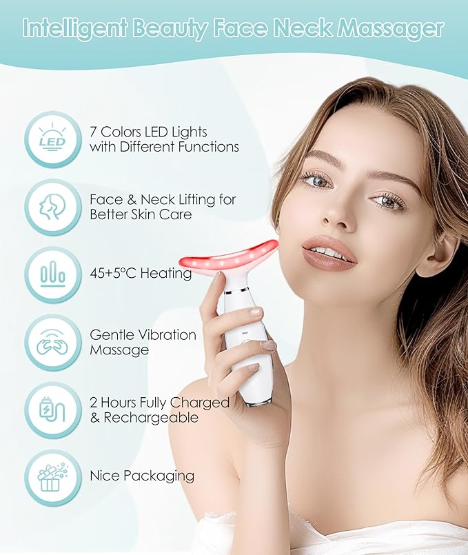 Jobazok 7 Color Neck Face Massager - Facial Massager Tool for Skin Care at Home, Vibrating Face Massager with Thermals, Galvanic Machines White