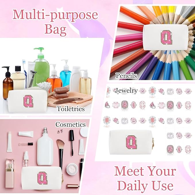 Small Personalized Glitter Initial Letter Makeup Bag, Cute PU Leather Chenille Letters Cosmetic Bag Travel Makeup Pouch, Preppy Travel Organizer Zipper Pouch for Women&Girls（WhiteRosePink-Q）