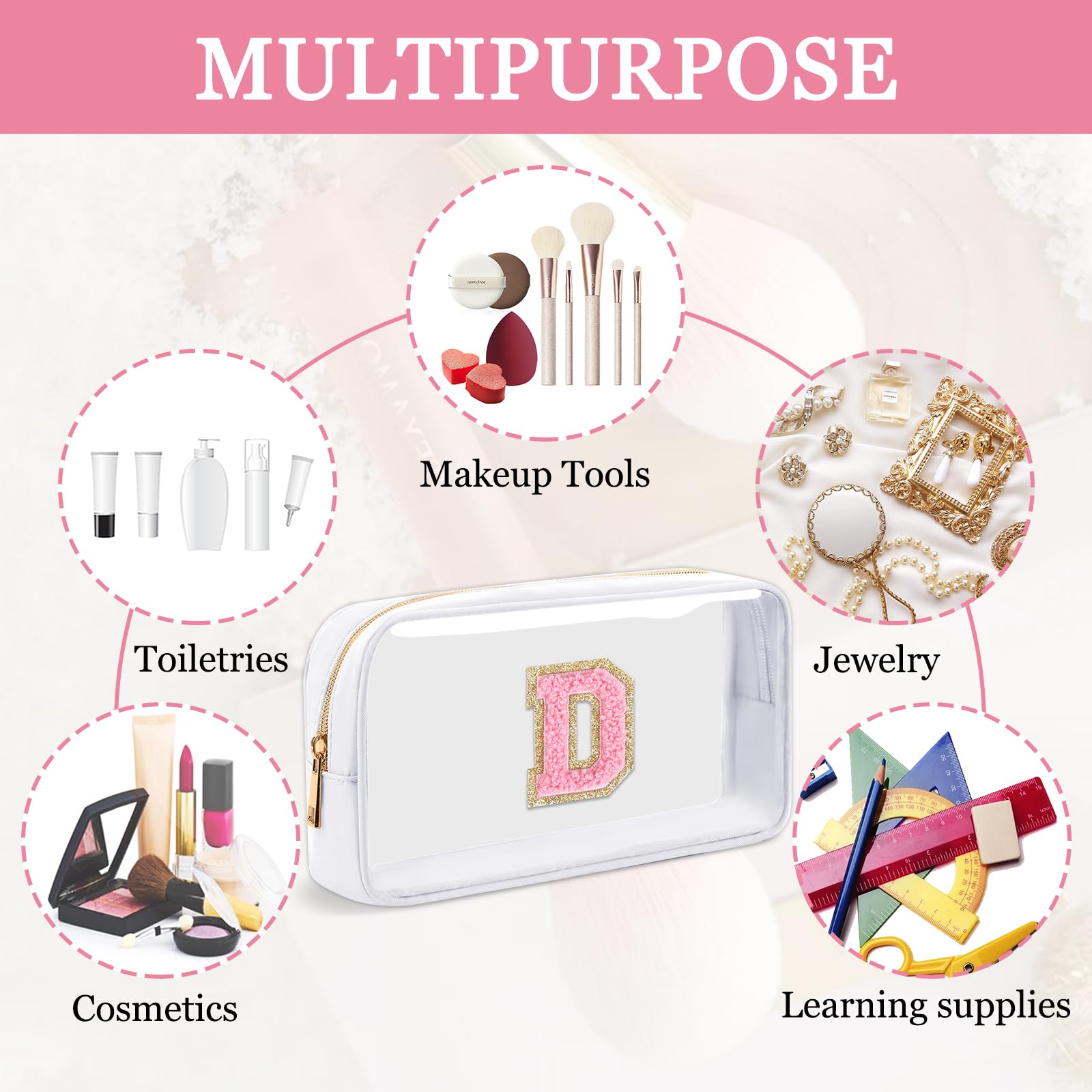 Small Clear Personalized Initial Makeup Bag,Nylon Preppy A-Z Chenille Letter Patch Cosmetic Pouch Beach Toiletry Bag,Waterproof Zipper Travel Purse Storage Bag Organizer for Women Girls(White-Pink D)